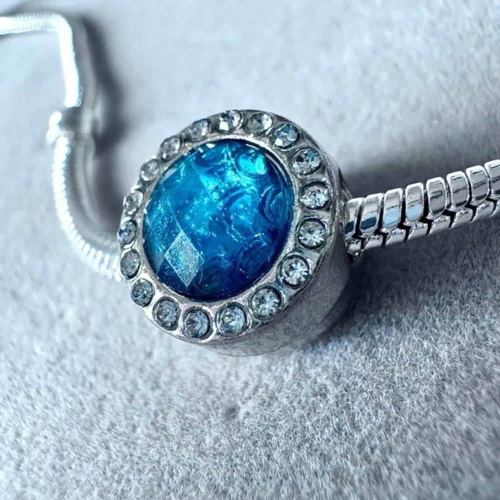 Turquoise Blue Crystal Halo Silver Tone Slide Charm fits PANDORA